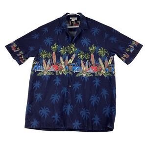 Pacific Legend Mens XL Hawaiian Shirt Hot Rods Classic Cars Surfboards Palm Tree